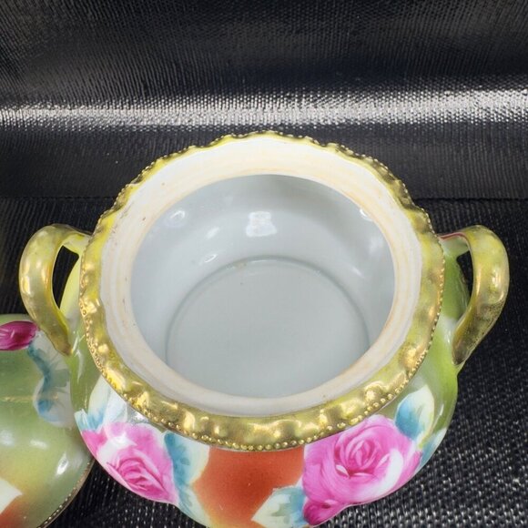 Antique Nippon Porcelain Hand Painted Sugar Bowl Small Container Jar Beaded VTG - Picture 10 of 15